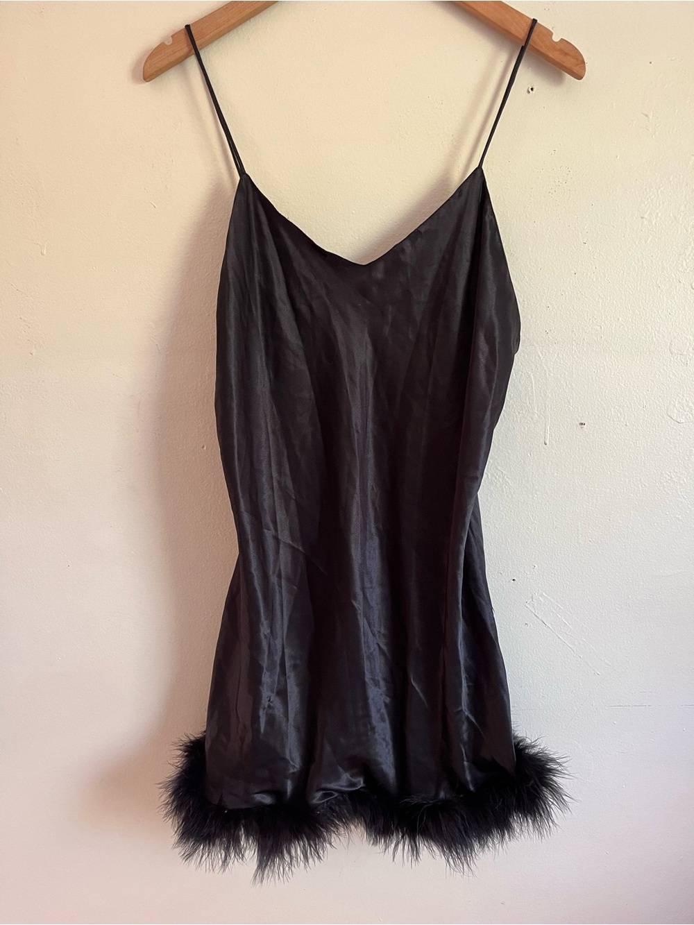 Black Satin Slip Dress with Feather Trim - Women's Intimates by VAL•MODE